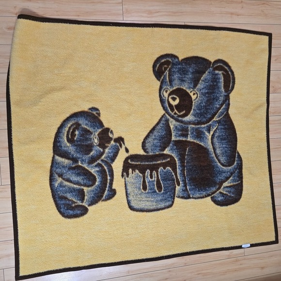 Vintage Biederlack Reversible Blanket Teddy Bear with Honey Pot Throw USA - Picture 4 of 8